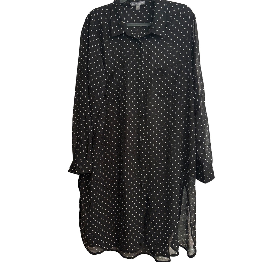 Jessica London Polka Dot Button Down Tunic Shirt Black White Size 24W Sheer